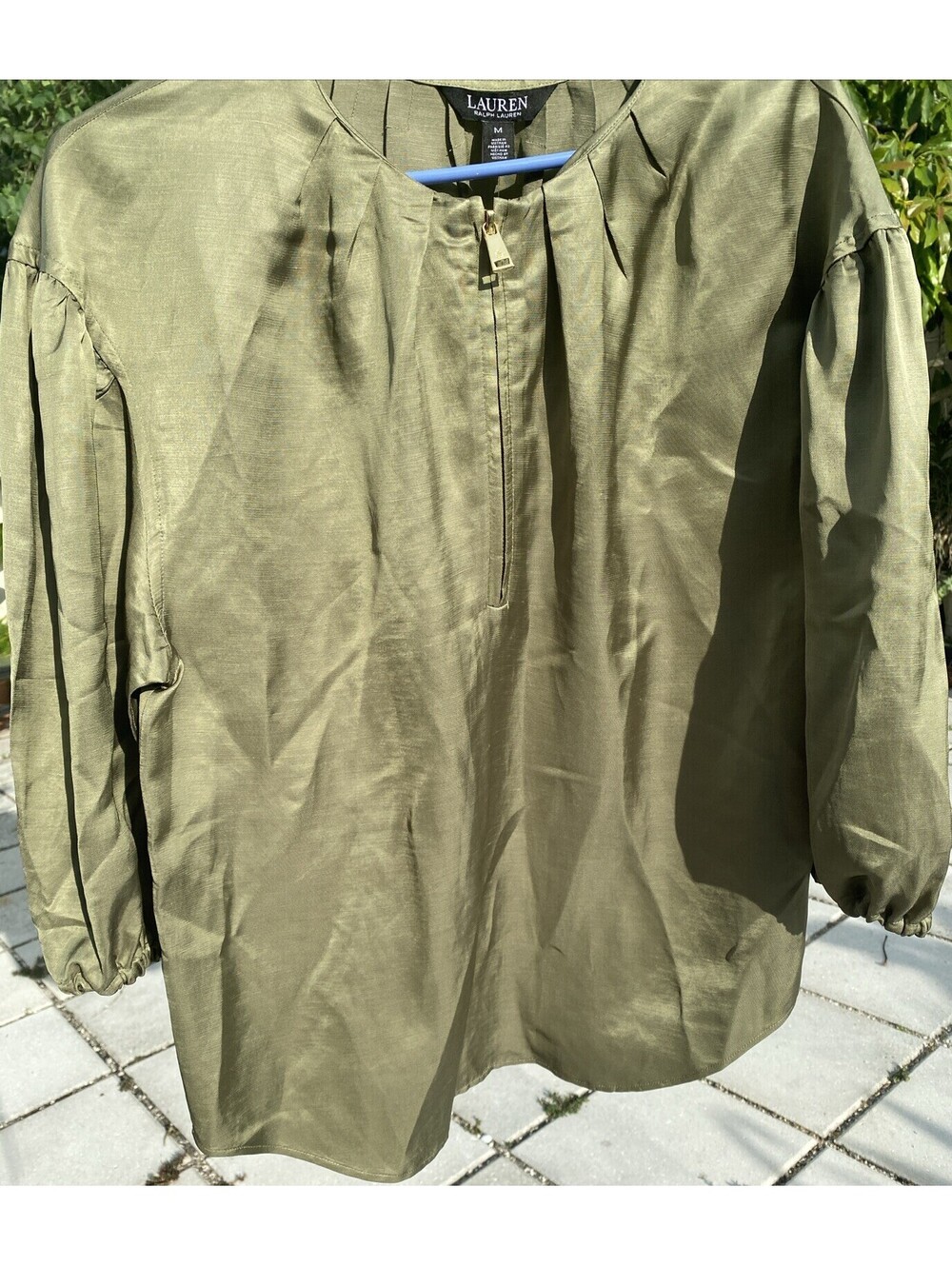 Lauren Ralph Lauren Shantung Blouson Sleeve Round Neck Quarter Zip Blouse Sz. M